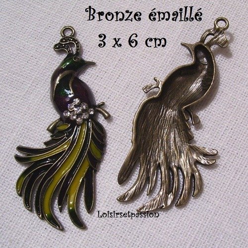 402 - breloque / charm - oiseau phoenix strass effet diamant ** 3 x 6 cm ** bronze émaillé - vendu à l'unité