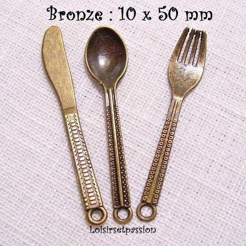 415 - breloque / charm - lot de 3 couverts assortis : cuillère, fourchette, couteau ** 10 x 50 mm ** bronze