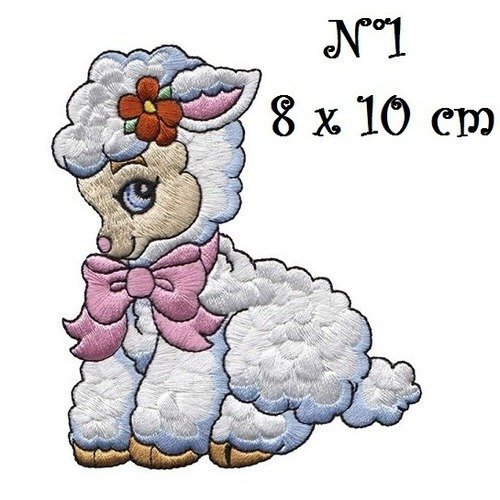 Écusson patch - agneau mouton blanc fleur noeud ** n°1 / 8 x 10 cm ** applique thermocollante