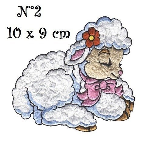 Écusson patch - agneau mouton blanc fleur noeud rose ** n°2 / 10 x 9 cm ** applique thermocollante