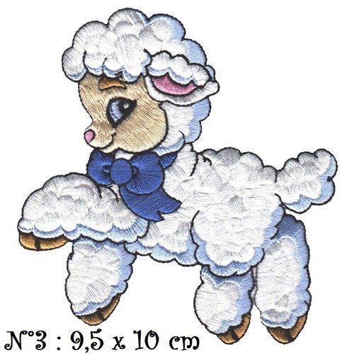 Écusson patch - agneau mouton blanc fleur noeud bleu ** n°3 / 9,5 x 10 cm ** applique thermocollante