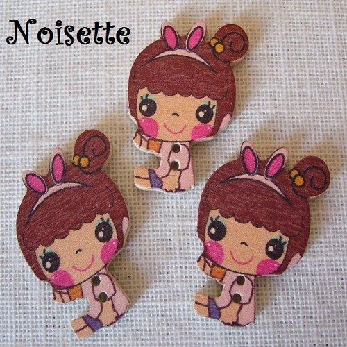 Bouton bois - fillette bandeau lapin / noisette ** 25 x 30 mm ** bouton fantaisie 2 trous - vendu à l'unité - bb14