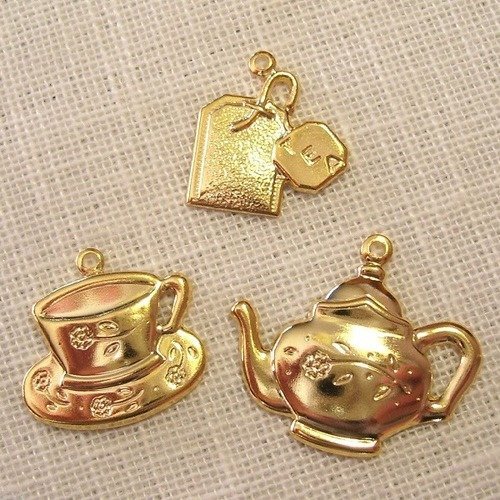303 / doré - tea time - lot de 3 pcs - breloque / charm - tasse théière, sachet de thé
