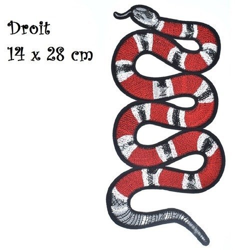 Grand écusson thermocollant- serpent rouge gris noir  / droit ** 14 x 28 cm ** applique patch à repasser