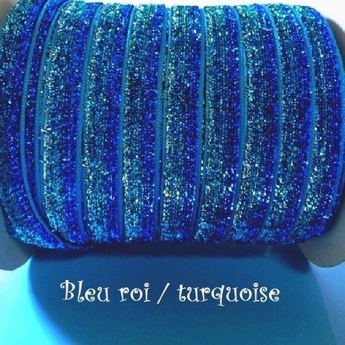 Ruban velours - n°34 / bleu roi turquoise - galon scintillant paillette glitter ** 10 mm ** vendu au mètre