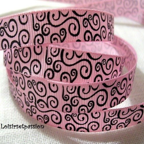 Ruban courbe volute arabesque - rose noir ** 10 mm ** galon gros grain imprimé - vendu au mètre