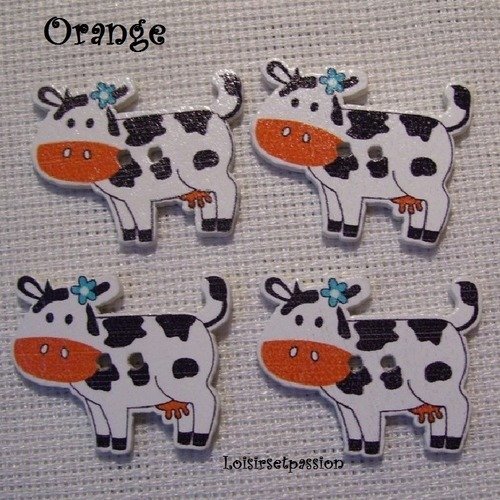Bbf31 / orange - bouton bois décoratif - vache colorée ** 28 x 22 mm ** vendu à l'unité