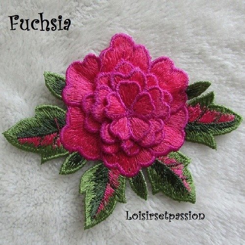 Applique fleur et feuille brodée 3d / fuchsia ** 9 x 12 cm ** patch à coudre - acd72