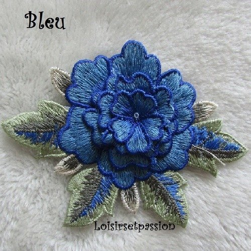 Applique fleur et feuille brodée 3d / bleu ** 9 x 12 cm ** patch à coudre - acd72