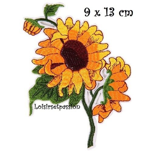 Écusson patch thermocollant, fleur soleil jaune tournesol ** 9 x 13 cm ** applique brodée, à repasser - c114