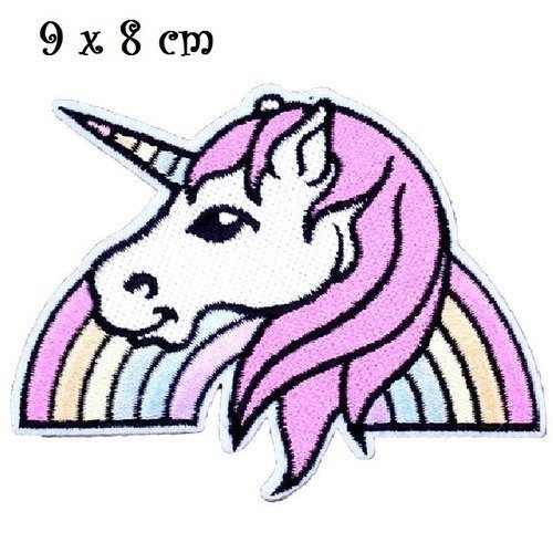 Écusson patch thermocollant, cheval licorne rose arc en ciel, 9 x 8 cm, applique à repasser