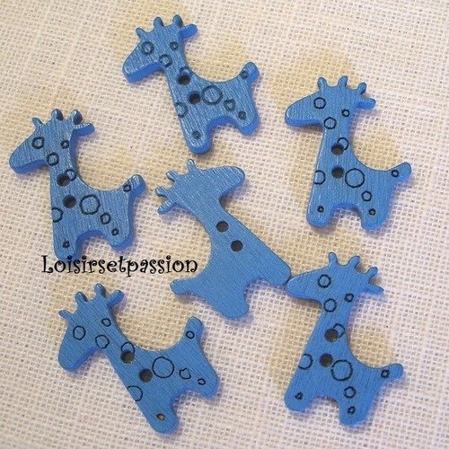 B35 / bleu - bouton bois, girafe,  20 x 25 mm, bouton fantaisie 2 trous - vendu à l'unité