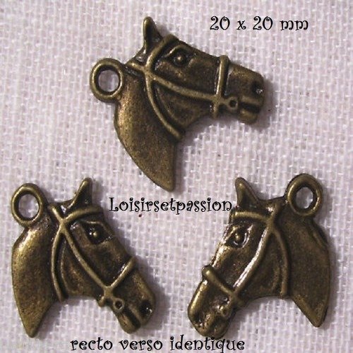 045 - breloque, charm, tête cheval, bronze, 20 x 20 mm, recto verso identique, vendu à l'unité