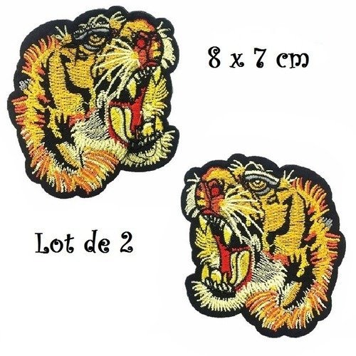 Lot de 2 écussons symétriques, tête lion tigre, 8 x 7 cm, patch brodé thermocollant, applique à repasser