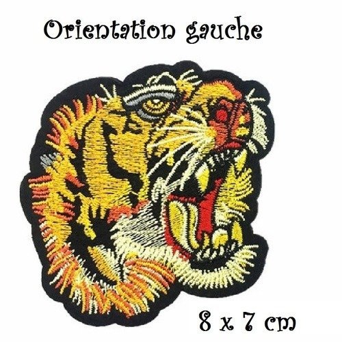 Écusson patch thermocollant, tête lion, tigre / gauche, 8 x 7 cm, applique brodée, à repasser