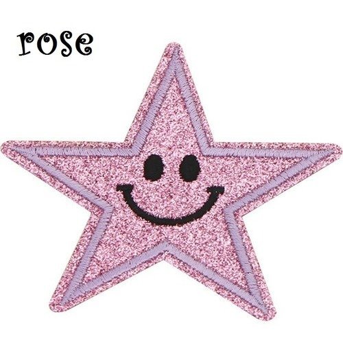 Écusson patch scintillant, rose, étoile, sourire smiley, 9 x 9 cm, applique thermocollante, à repasser