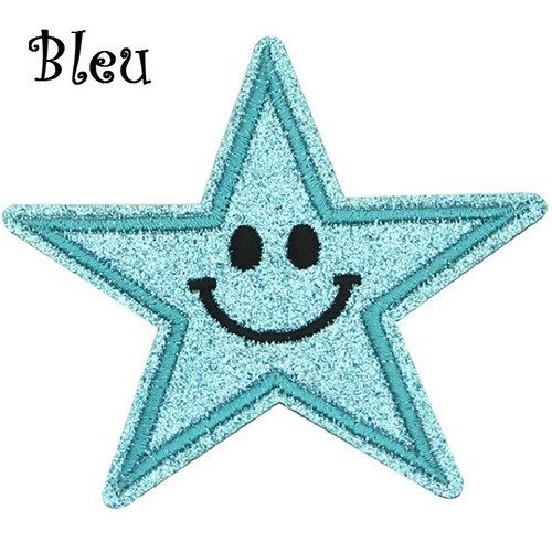 Écusson patch scintillant, bleu, étoile, sourire smiley, 9 x 9 cm, applique thermocollante, à repasser