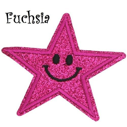 Écusson patch scintillant, fuchsia, étoile, sourire smiley, 9 x 9 cm, applique thermocollante, à repasser