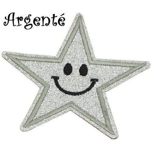 Écusson patch scintillant, argenté, étoile, sourire smiley, 9 x 9 cm, applique thermocollante, à repasser