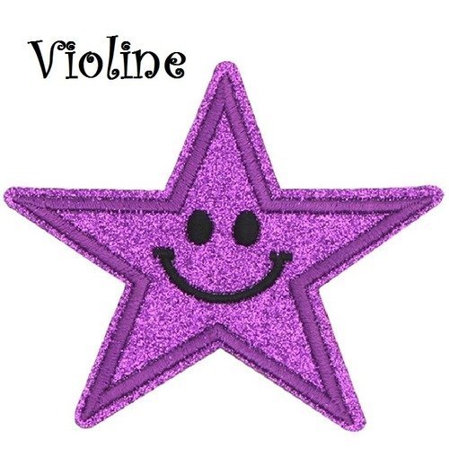 Écusson patch scintillant, violine, étoile, sourire smiley, 9 x 9 cm, applique thermocollante, à repasser