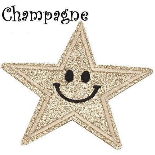 Écusson patch scintillant, champagne, étoile, sourire smiley, 9 x 9 cm, applique thermocollante, à repasser