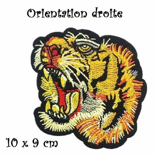 Écusson patch thermocollant, tête lion, tigre / droit, 10 x 9 cm, applique brodée, à repasser