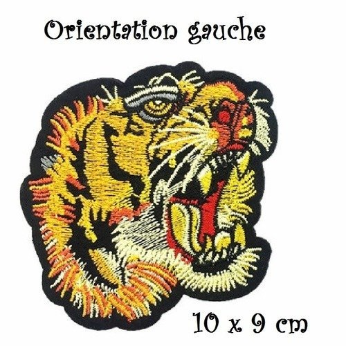 Écusson patch thermocollant, tête lion, tigre / gauche, 10 x 9 cm, applique brodée, à repasser