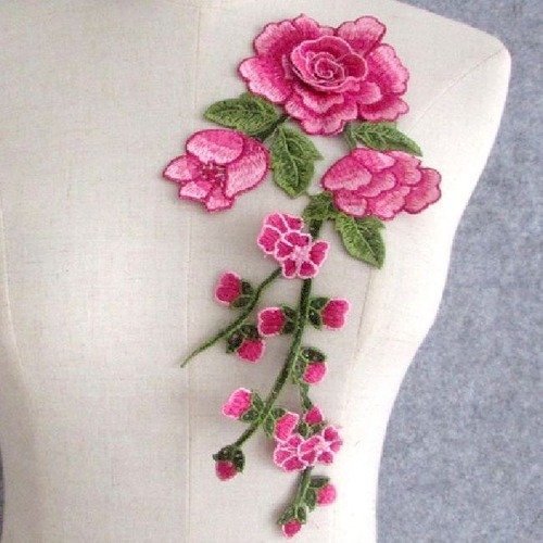 Grande applique fleur 3d brodée - rose ** 13 x 30 cm ** fleur rose et feuille - acd46 
