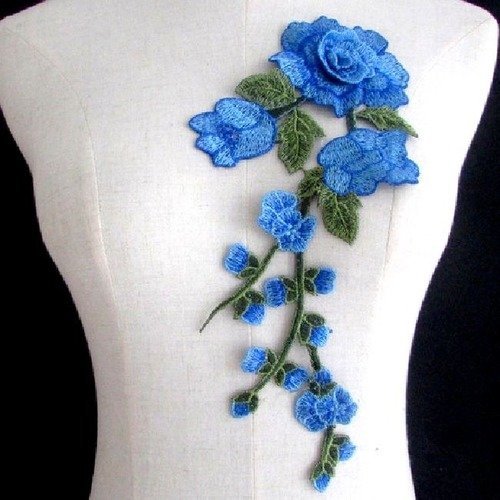 Grande applique fleur 3d brodée - bleu ** 13 x 30 cm ** fleur rose et feuille - acd46 