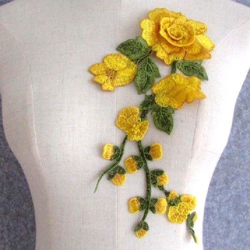 Grande applique fleur 3d brodée - jaune ** 13 x 30 cm ** fleur rose et feuille - acd46 