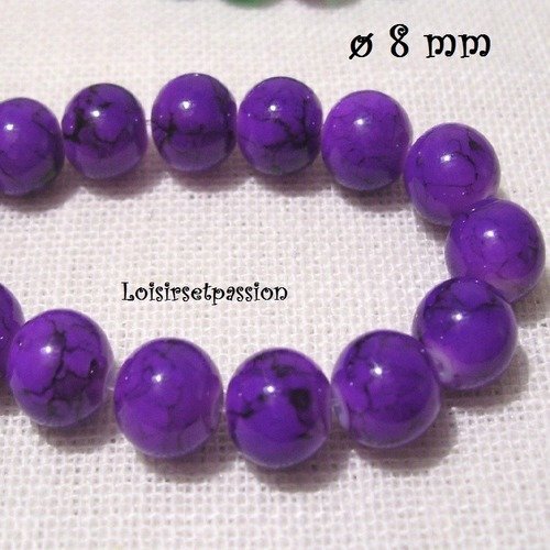 Lot de 10 perles rondes en verre ** 8 mm ** marbré bicolore violet mauve - pv02