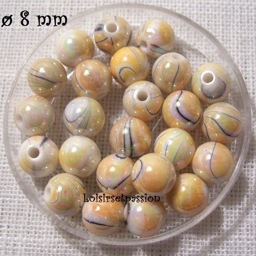 Lot de 25 perles acryliques, rayure marbré,  jaune ambre ** 8 mm ** pa02