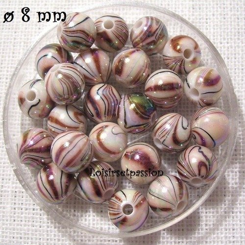 Lot de 25 perles acryliques, rayure marbré, marron ** 8 mm ** pa02