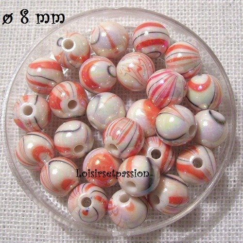 Lot de 25 perles acryliques, rayure marbré, orange ** 8 mm ** pa02