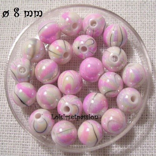 Lot de 25 perles acryliques, rayure marbré, rose ** 8 mm ** pa02