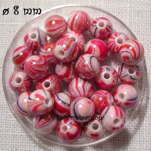 Lot de 25 perles acryliques, rayure marbré, rouge ** 8 mm ** pa02