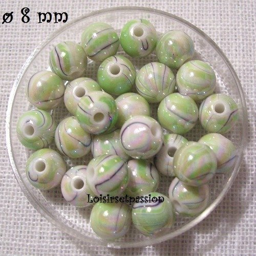 Lot de 25 perles acryliques, rayure marbré, vert pastel ** 8 mm ** pa02