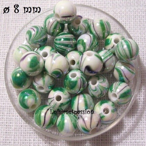 Lot de 25 perles acryliques, rayure marbré, vert ** 8 mm ** pa02