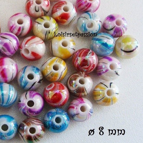 Lot de 25 perles acryliques, rayure marbré, multicolore ** 8 mm ** pa02
