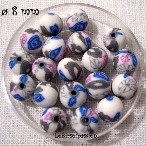 Lot de 10 perles fimo, polymère ** 8 mm ** blanc, bleu, gris, rose - pf05