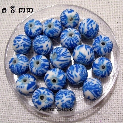 Lot de 10 perles fimo, polymère ** 8 mm ** bleu porcelaine, blanc - pf08