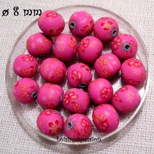 Lot de 10 perles fimo, polymère ** 8 mm ** ton rose fraise - pf12