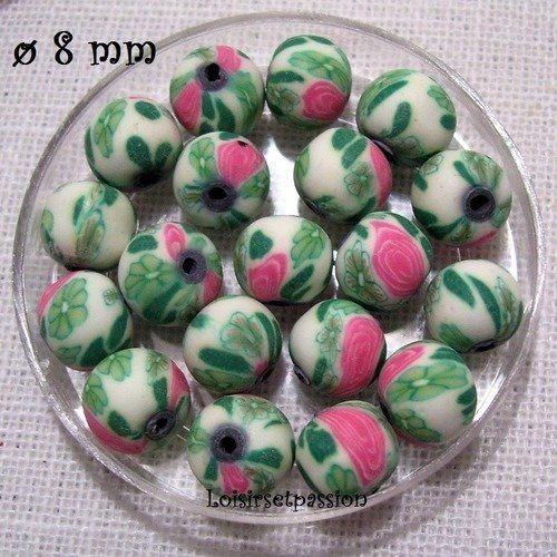 Lot de 10 perles fimo, polymère ** 8 mm ** blanc, rose, vert - pf13