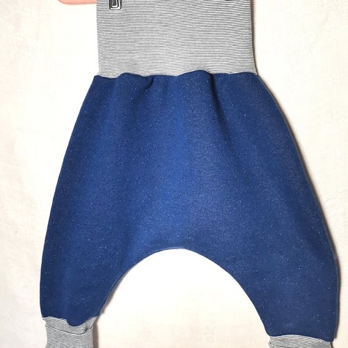 Sarouel évolutif bébé en jersey de coton molletonné  bleu et bord côte à rayures