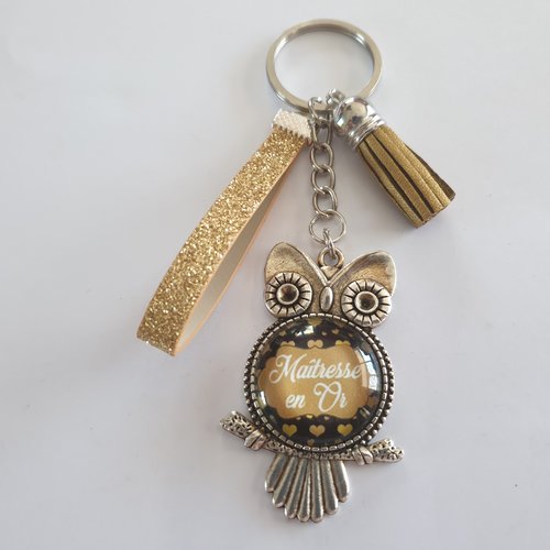 Porte clés chouette maîtresse, cadeau maîtresse,"maîtresse en or"