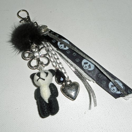 Porte clés/bijoux de sac panda avec pompon en vison noir et rubans