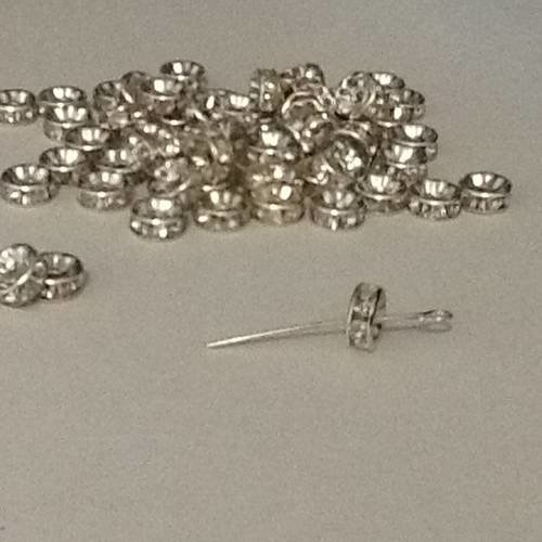 25 perles entretoise en metal argenté avec strass 