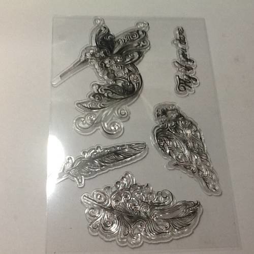 5 tampons clear stamps thème plumes oiseaux 