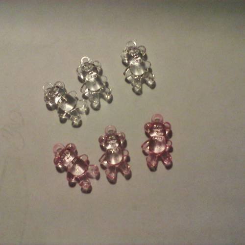 6 perles nounours en acrylique rose ou transparent 