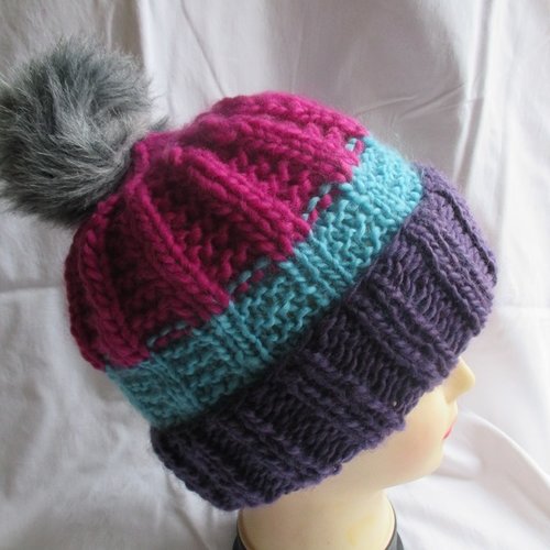Bonnet laine bleu, rose violet, bonnet ski pour homme, femme ou enfant en laine tricoté main